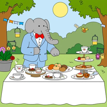 Babar the elephant, wearing a light blue suit and a dapper red bow tie, is hosting a delightful garden tea party. He is standing at a beautifully set table adorned with a white tablecloth and colorful floral centerpieces. The table features an array of elegant teacups, each with unique designs, along with matching saucers. A tiered tray holds an assortment of pastries, sandwiches, and fruits, all meticulously arranged. Surrounding the table are various garden decorations, including small lanterns and cheerful bunting strung between the trees. The sun shines brightly, creating a warm and inviting atmosphere for the gathering.