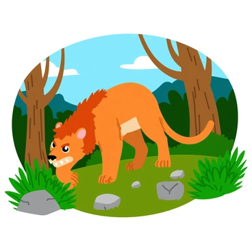A "marsupial lion" with a muscular build and sharp teeth is stalking its prey in "ancient Australian bushland". The creature has a thick, tawny fur coat with a distinctive mane, blending into the surrounding environment. "Large gum trees" with rough bark tower in the background, while "vibrant green ferns" and "scattered rocks" create a textured underbrush. The "sunlight filters through the leaves," casting dappled shadows on the ground as the marsupial lion crouches low, its eyes intensely focused on a distant movement in the foliage.