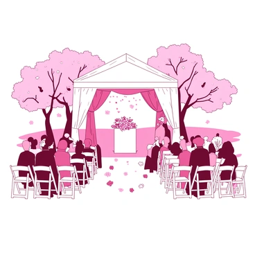 A white wedding canopy is elegantly draped with pink cherry blossom branches, creating a beautiful arch. Below the canopy, there is a white altar adorned with pink floral arrangements. Rows of white chairs are set up for guests, who are dressed in formal attire, with some holding small bouquets of flowers. The background features a flurry of pink cherry blossoms falling gently from the trees, adding a romantic atmosphere to the scene.