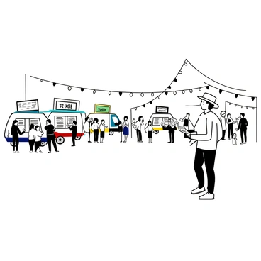 An event planner standing in front of a large outdoor area, holding a clipboard and wearing a casual outfit with a sun hat. There are colorful food trucks lined up in the background, each with large signs showcasing their menu items. A small stage is set up to the side, with musicians playing instruments and an audience gathered in front, enjoying the live music. Groups of people, including families and friends, are scattered throughout the scene, smiling and engaging with one another, with some holding food or drinks. Decorative banners are strung above the area, adding festive elements to the atmosphere.