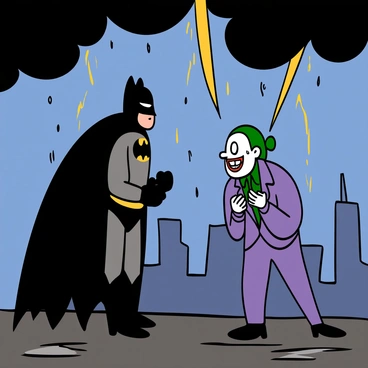 Batman, a tall figure in a black suit with a flowing cape, stands firmly with his fists clenched, facing the Joker. The Joker, with pale skin and green hair, wears a purple suit, grinning widely, revealing his sharp teeth. Dark clouds gather overhead, creating an intense atmosphere, with flashes of lightning illuminating their tense standoff. The ground is wet from rain, reflecting the ominous colors of the sky, while the distant city skyline looms in the background, adding to the dramatic scene.