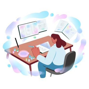 An artist is sitting at a wooden table surrounded by a variety of paint pots in vibrant colors and several open sketchbooks filled with pencil sketches and watercolor illustrations. The artist has a paintbrush in hand and is concentrating intently on illustrating a book page, with splashes of paint visible on the table and around the artist. The scene is filled with an atmosphere of creativity, with soft light illuminating the workspace, showcasing the artist's tools and materials scattered around.