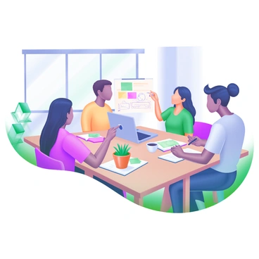 A modern pastel illustration depicting a team of four diverse individuals gathered around a large wooden table. The table is cluttered with colorful notes, sketches, and a laptop. Each person is actively engaged in discussion; one person is pointing at a sketch, while another is jotting down ideas on a notepad. A coffee cup is placed next to a potted plant on the table, adding to the lively atmosphere. The background shows a bright, airy office space with large windows letting in natural light.