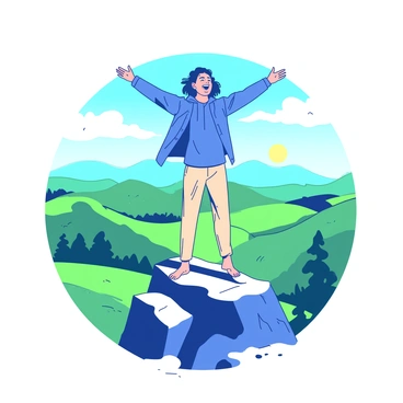 A person wearing a blue jacket and beige pants stands on a rocky mountain peak. The individual has their arms open wide, reaching towards the sky, conveying a sense of freedom and joy. Behind the person, there is a panoramic view of rolling green hills and distant mountains under a bright, clear sky. The sun casts soft shadows on the ground, adding depth to the scene. The person's hair is gently tousled by the breeze, and their expression reflects a deep appreciation for the surrounding landscape.