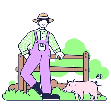 A friendly farmer is leaning against a wooden fence in a rural setting. He is wearing a plaid shirt and overalls, with a straw hat placed on his head. At his feet, there is a small pig with a curly tail and a shiny coat. The pig is looking up at the farmer, who has a warm smile on his face. In the background, patches of grass and a few trees can be seen, completing the farm atmosphere.
