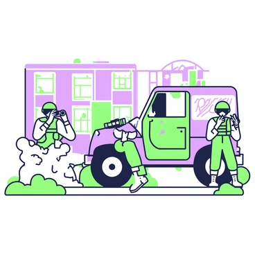 A group of soldiers is navigating through an urban training exercise in a cityscape filled with abandoned buildings. The soldiers are wearing tactical gear, including helmets and vests, while holding weapons at the ready. In the foreground, a soldier is crouching behind a crumbling concrete wall, looking through binoculars. Another soldier is communicating with a radio device, standing beside a rusted vehicle that is partially covered in graffiti. The background is dominated by dilapidated structures with broken windows and overgrown vegetation, creating an atmosphere of desolation and preparation.