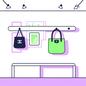 A "Chanel bag" is hanging on a "wooden coat rack" situated against a "white wall" inside a "modern art gallery." The bag is "black" with the signature interlocking "C" logo visible on the front. Below the bag, a "minimalist bench" is placed, and various "abstract art pieces" are displayed on the wall behind it. There are "spotlights" illuminating the artworks, creating shadows on the floor. The gallery has polished "concrete flooring," and the overall atmosphere is clean and contemporary.