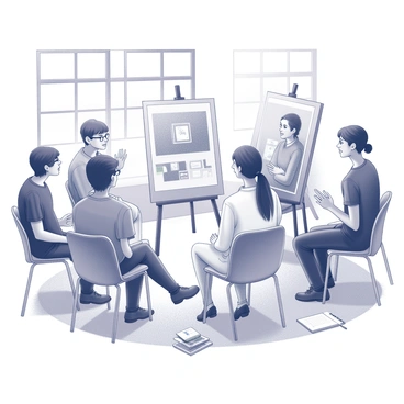 A group of students is seated in a circle, each engaged in discussion about different pieces of artwork. The students are diverse in appearance, with varying hairstyles and clothing styles, creating a lively atmosphere. In the center of the circle, there are several artworks displayed on easels. Some students are leaning forward, listening intently, while others are gesturing towards their own or others' pieces. Notebooks and pens are scattered on the ground, indicating they are taking notes during the critique. The setting suggests an art classroom with large windows allowing natural light to illuminate the scene.