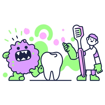 A cartoon sugar monster trying to attack a bright white tooth, warded off by a toothbrush hero
