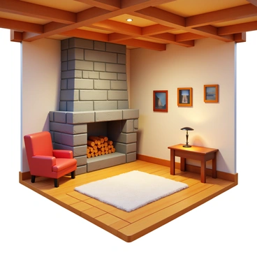 A chambre with exposed wooden beams across the ceiling. A large stone fireplace is positioned against one wall, with logs stacked neatly beside it. The room features a wooden floor, complemented by a large, plush rug in the center. A cozy armchair is placed near the fireplace, and a small wooden table sits beside it. The room is illuminated by soft, warm light from a vintage-style lamp on the table. Decorated walls show a few framed pictures, adding a personal touch to the space.
