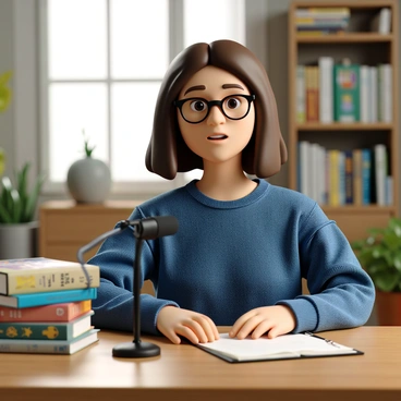 An author with medium-length brown hair, wearing glasses, is seated at a wooden table in a cozy, well-lit room. They are dressed in a simple blue sweater and are holding a pen. In front of them, there is a microphone on the table. Behind the author, there is a stack of illustrated books with colorful covers, some showing whimsical drawings. The background features a shelf filled with more books and a potted plant nearby, adding to the inviting atmosphere of the scene.