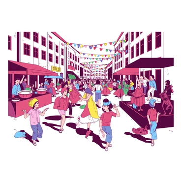 A vibrant street festival is taking place, filled with people of various ethnicities celebrating their diverse cultures. Colorful banners and decorations hang between buildings, creating a festive atmosphere. Groups of dancers in traditional clothing perform energetic dances in the street, showcasing styles from around the world. Musicians play lively melodies on instruments such as drums, flutes, and guitars, drawing the attention of the crowd. Stalls line the sides, offering a variety of cultural foods and crafts. Children are laughing and playing near a stage where a band is performing, setting the scene for a joyful celebration.