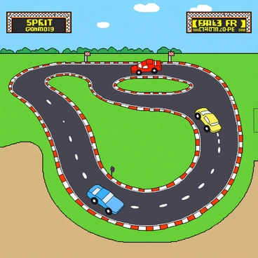 A classic arcade game screen displaying a vibrant pixelated scene of a retro car race. The screen is filled with a top-down view of a winding racetrack, featuring bright green grass borders and a blue sky above. Multiple pixelated cars, rendered in various colors like red, blue, and yellow, are racing along the track. Each car has a distinct design with blocky shapes and large wheels. The track features a series of sharp turns and straightaways, with pixelated checkered flags marking the start and finish lines. In the corners of the screen, a scoreboard shows the positions of the racing cars in bright yellow text.