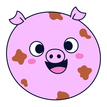 A round pig face with large, expressive eyes and a wide, cheerful smile. The pig's skin is a soft pink color, and it is covered in brown mud splatters that give it a messy appearance. The ears are perked up and slightly askew, adding to the playful character of the pig. The background is minimal, emphasizing the pig's joyful expression.