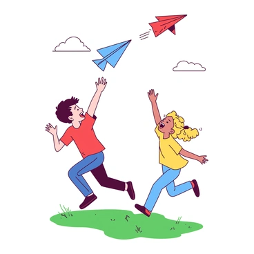 Two children are running in a wide open space, laughing as they play with colorful paper airplanes. One child, a boy with short brown hair, is throwing a bright red paper airplane high into the air, while the other child, a girl with curly blonde hair, is preparing to launch a blue paper airplane. The sky above them is clear and bright, creating a cheerful atmosphere as the airplanes soar through the air. Soft green grass covers the ground beneath their feet, adding to the lively scene.