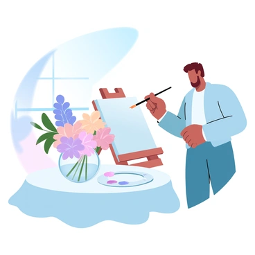 An artist is standing in a sunlit studio, focused on a still life of a floral arrangement placed on a table. The table is covered with a light-colored cloth, and a variety of flowers in vibrant colors are displayed in a glass vase. The artist is holding a paintbrush, with paint smeared on their palette, which is resting on the table beside the vase. Sunlight streams through a large window, casting soft shadows and illuminating the flowers, creating a warm atmosphere in the studio. A canvas on an easel displays the artist's progress in capturing the beauty of the floral arrangement.