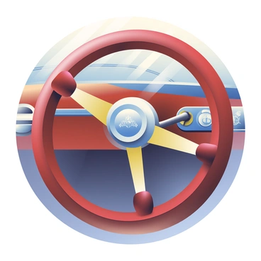 A classic wooden steering wheel from an antique car is prominently displayed in the foreground. The steering wheel has a rich mahogany finish with a glossy sheen, showcasing its intricate grain patterns. The wheel features polished brass spokes that connect to a central hub adorned with an emblem. The background includes a glimpse of the antique car's dashboard, which is made from leather and vintage chrome details. Soft light highlights the curves and textures of the steering wheel and dashboard, creating a warm, inviting atmosphere.