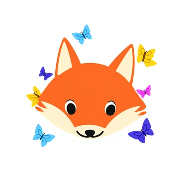 A whimsical fox face with bright orange fur and large, expressive eyes is centered in the image. Its ears are perked up, showcasing playful tufts of white fur at the tips. Surrounding the fox face are delicate butterflies in various colors, including blue, yellow, and pink, with intricate patterns on their wings. The butterflies appear to be fluttering gracefully around the fox, creating a sense of movement in the scene. The overall composition emphasizes the charming and lively interaction between the fox and the butterflies.