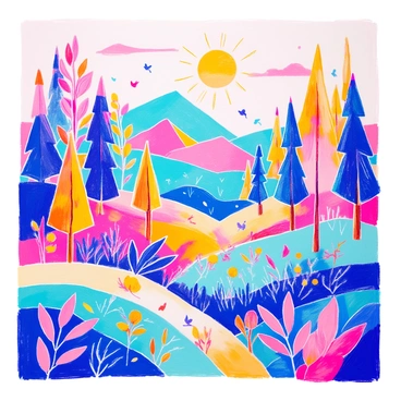 A low-poly forest scene features a variety of geometric trees with triangular-shaped leaves in bright hues of green, yellow, and orange. The ground is made up of low-poly grass in vivid shades of mint green and teal. There are several low-poly hills in the background, adorned with flat shapes in contrasting colors, creating a dynamic composition. A whimsical sun hangs in the sky, with angular rays extending outward. Small, colorful birds are scattered throughout the trees, adding liveliness to the scene.