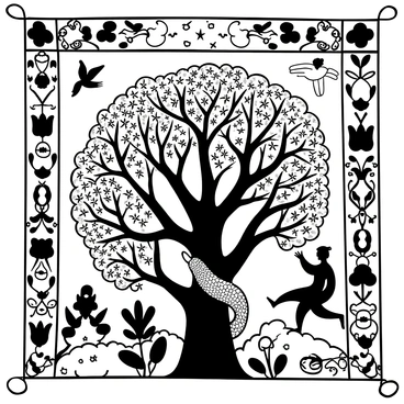 A large, intricate tapestry featuring a mythical scene that includes a majestic tree at the center. Surrounding the tree are various mythical creatures, such as a phoenix soaring above and a dragon coiling around the trunk. The background is filled with densely arranged floral patterns and intertwining vines. The tapestry has decorative borders showcasing smaller figures, including a centaur and a nymph, all set against a backdrop of stylized clouds and celestial elements.