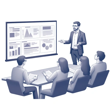 A project manager stands confidently at the front of a modern conference room. The manager is dressed in professional attire, holding a remote clicker in one hand while gesturing with the other to emphasize points. Behind the manager, a large screen displays slides rich in information and visuals related to the project plan. The audience, consisting of diverse individuals seated in rows, appears engaged and attentive, with expressions of interest and curiosity. Some audience members are taking notes, while others are looking up at the presentation, focused on the screen. The room is equipped with a long table and comfortable seating, adding to the professional atmosphere.