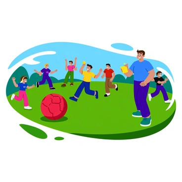 A group of energetic students engaged in a lively physical education class outdoors. The students, wearing colorful sports uniforms, are participating in various activities such as running, jumping, and playing with a large red soccer ball. Some students are smiling and cheering each other on, while others are focused on their individual tasks. The scene is filled with green grass and a bright blue sky, creating a vibrant atmosphere. A whistle can be seen in the hands of the instructor, who is actively guiding the students.