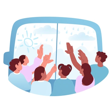 Children drawing on the fogged-up windows of a bus on a rainy day