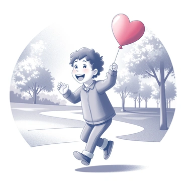 A cheerful child is holding a "red heart-shaped balloon" in one hand while skipping through a park. The child has a broad smile on their face, showcasing their joy. The scene includes trees with lush foliage in the background and a well-maintained grassy area beneath the child's feet. Sunlight filters through the leaves, creating a lively atmosphere. The child's other hand is raised, adding to the sense of movement as they skip along a winding path.