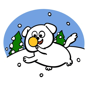 Snowy playing in the snow with a snowball in his mouth