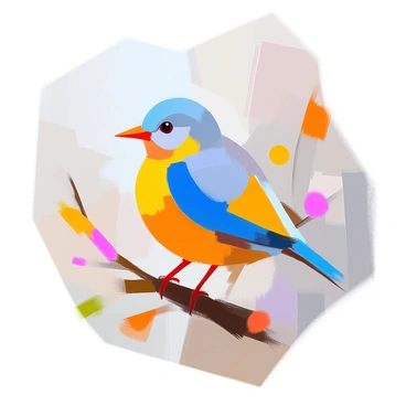 A bird composed of simple geometric shapes, such as triangles, circles, and rectangles, arranged to create a stylized representation. The body of the bird is primarily a large oval in a vibrant blue hue, while the wings are depicted as two elongated triangles in a contrasting yellow color. A small circle represents the head, with a triangular beak in an orange shade. The background features a soft gradient that complements the colors of the bird, enhancing the overall visual balance.