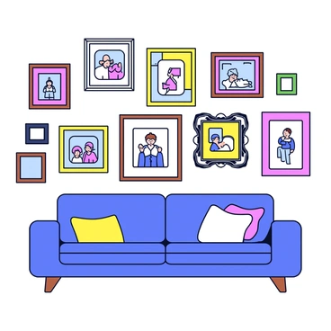 A living room wall adorned with an eclectic mix of picture frames in various shapes and sizes. The frames display a collage of personal memories, including family photos, travel snapshots, and artistic prints. Some frames are adorned with intricate designs, while others have a sleek, minimalist look. The colors of the frames vary from dark wood to vibrant pastels. The arrangement of the frames creates a visually pleasing asymmetry, inviting viewers to explore the curated collection of moments.