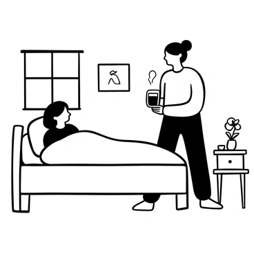 A nurse wearing scrubs is standing beside a hospital bed, holding a steaming cup of herbal tea. The patient is nestled under a cozy blanket, with only their arms visible. A bedside table is positioned nearby, holding a small vase with a flower and a few medical supplies. The room is furnished with a window, allowing soft light to filter in, creating a calm atmosphere.