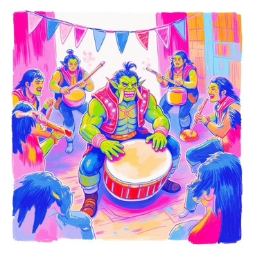 An orc with green skin and prominent tusks is sitting at the center playing a large drum. He has a muscular build and is wearing a leather vest adorned with metal spikes. Surrounding him are several other orcs, each holding different musical instruments such as a flute, a lute, and a set of cymbals. They are all in mid-performance, with expressions of joy and enthusiasm. The setting includes a backdrop of wooden barrels and banners, creating a lively atmosphere. Bright colors highlight the scene, emphasizing the energy of the band.