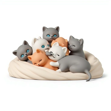 A pile of adorable kittens, with fur in various colors including gray, orange, and white, snuggling together in a soft, fluffy blanket. Each kitten has its eyes closed, displaying content expressions. One kitten has big blue eyes peeking out from the pile, while another is playfully resting its paw on a sibling. The blanket is light beige with a textured pattern, providing a cozy environment for the kittens. The overall scene conveys warmth and comfort.