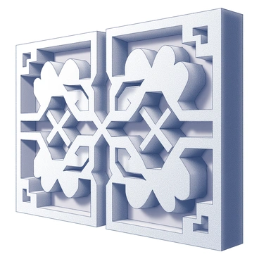 A wall composed of a large, intricate fourchette pattern. The design features interconnected geometric shapes that create a visually striking effect. Each segment of the pattern showcases detailed line work and varying textures, with a clear emphasis on symmetry throughout. The overall structure is visually balanced, with the pattern flowing seamlessly across the surface of the wall.