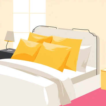 A bed with a plush mattress and a stylish headboard sits in a cozy bedroom. The bed is covered with luxurious, silky pillows in "gold" and "silver" hues, creating a rich contrast. There are several pillows stacked neatly, each reflecting light in a different way. A soft, elegant blanket drapes over the edge of the bed, complementing the colors of the pillows. A bedside table holds a small, decorative lamp, casting a warm glow over the scene.