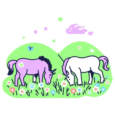 A meadow filled with lush grass and wildflowers of various shapes and sizes. In the foreground, two unicorns with spiraled horns are grazing peacefully, one is standing while the other is kneeling down. Surrounding them are clusters of wildflowers in vivid colors, and butterflies flit among the blooms. The sky above is clear with a few clouds, casting gentle shadows on the scene. In the background, there are softly rolling hills that contour the landscape, adding depth to the composition.