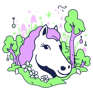 A horse head is prominently featured in the foreground, showcasing its intricate features and flowing mane. The horse's eyes are expressive, capturing a sense of elegance. Surrounding the horse head, a fairy tale forest is visible in the background. The trees have twisting trunks and abundant foliage, with whimsical shapes. Sparkling lights float through the air, resembling magical orbs. Delicate flowers bloom at the base of the horse's head, adding to the enchanting atmosphere. In the distance, faint silhouettes of fantastical creatures can be discerned among the trees.