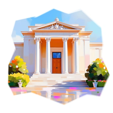 The grand entrance of a neoclassical museum features towering white columns with intricate carvings. The facade is embellished with ornate decor, including decorative friezes and statues adorning the architrave. Large steps lead up to the entrance, creating a majestic approach. The door is grand and wooden, framed by detailed moldings. Lush greenery, including perfectly trimmed hedges and ornamental plants, flanks the steps, enhancing the grandeur of the scene. A clear blue sky serves as a backdrop, adding to the overall impressive architecture of the museum.