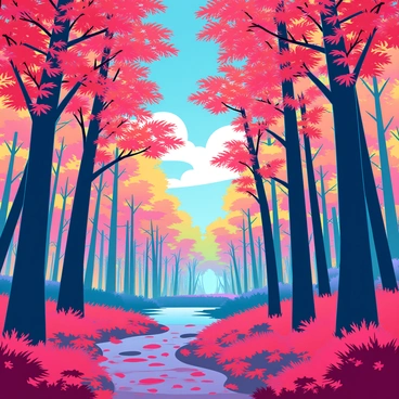 A picturesque Canadian forest in autumn with tall trees showcasing vibrant fall colors of red, orange, and yellow leaves. The ground is covered in a thick layer of fallen leaves, creating a colorful carpet. Sunlight filters through the branches, casting dappled shadows on the forest floor. A clear blue sky is visible above, and a gentle breeze causes some leaves to flutter down. A narrow, winding path leads through the trees, inviting exploration. In the distance, a tranquil stream reflects the brilliant colors of the foliage.