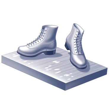 A pair of tap shoes is positioned on a wooden stage. The shoes are angled as if in mid-dance, showcasing their shiny surfaces and intricate details. The wooden stage displays a textured surface with visible grain, emphasizing the performance setting. There are faint outlines of rhythm marks beneath the shoes, suggesting energetic movement and lively tapping sounds. The background remains minimal, focusing attention on the dancing shoes and the dynamic energy they convey.
