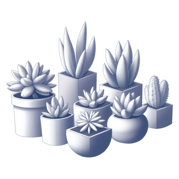 A collection of various succulents with distinct shapes and sizes arranged in a geometric pattern. The succulents include some with thick, fleshy leaves, others with more delicate, spiky features, all displaying intricate details. Each plant is placed in a unique pot form, contributing to the overall geometry of the arrangement. The pots have different textures and styles, adding to the visual interest of the composition. The background features a subtle texture that emphasizes the arrangement of the succulents.