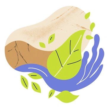 A composition featuring swirling shapes and forms in earthy tones. The background includes varying shades of "brown," "green," and "blue," blending seamlessly. Different textured layers create a sense of depth, with some areas appearing smoother while others are rough and vibrant. The design incorporates organic shapes that evoke elements of nature, such as "leaves" and "water." Overall, the painting has a harmonious balance of colors and forms, inviting the viewer to explore its intricate details.