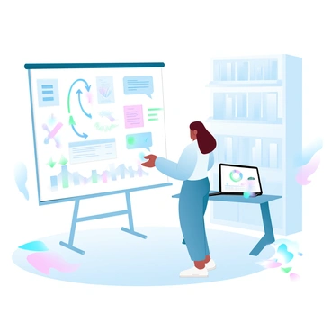 A person is standing in front of a large whiteboard filled with colorful notes and diagrams. The whiteboard displays various marketing strategies and ideas, with arrows connecting different concepts. Beside the person, there is a laptop open, showing analytics and data charts. The floor is scattered with papers and markers in various colors, and a coffee cup is placed on a nearby table. In the background, there are shelves lined with books related to marketing and strategy.