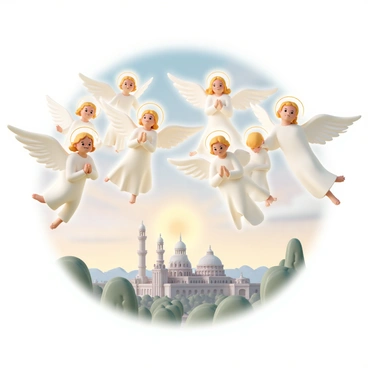 A group of angels, each with large, ethereal wings and flowing robes, hovers above the city of Nineveh. Their faces are illuminated with gentle smiles, radiating warmth and kindness. The angels are depicted in a variety of poses, some with hands clasped in prayer, while others extend their arms as if to embrace the city below. The skyline of Nineveh is visible, featuring ancient architecture with tall structures and distinct domes, surrounded by a lush landscape. The sky is painted with soft colors, creating a serene atmosphere that enhances the divine presence of the angels.