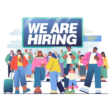 An airport terminal with a digital board flashing 'We Are Hiring' above a busy crowd