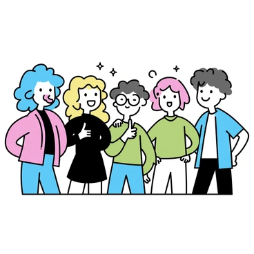 A cheerful group photo of idols posing together, each showing their unique personality