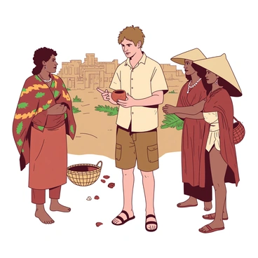 An archaeologist with sandy brown hair is standing in the center of a group of local villagers. The archaeologist is wearing a khaki shirt and cargo shorts, holding an ancient pottery shard in their hands. Surrounding the archaeologist are three villagers, one with dark skin and a colorful patterned shawl, another with a wide-brimmed hat and a woven basket, and the third wearing traditional attire with intricate beadwork. They are attentively listening and pointing to the pottery shard as the archaeologist explains its significance. In the background, there are hints of historical ruins partially covered by foliage, creating a sense of historical depth in the scene.