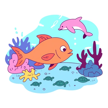 A vibrant orange toy fish is swimming alongside a variety of colorful toy sea creatures in a pretend ocean environment. The scene includes a yellow toy octopus with its tentacles gracefully arched, a group of small teal toy turtles gliding through the water, and a playful pink dolphin leaping above the surface. The background features a range of toy coral formations in different shapes and sizes, adding to the whimsical underwater landscape. Sunlight filters in from above, casting soft shadows across the scene, enhancing the playful atmosphere.