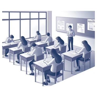 A classroom filled with students seated at individual desks. The students are focused on their baccalauréat practice test papers in front of them. Each student has a pencil or pen in hand, diligently writing their answers. The room is equipped with large windows allowing light to enter, casting shadows on the floor. There are posters on the walls that display educational content, such as mathematical formulas and historical timelines. A teacher stands at the front of the classroom, observing the students with a watchful eye. Desks are arranged in rows, with some students occasionally glancing at each other for reassurance.